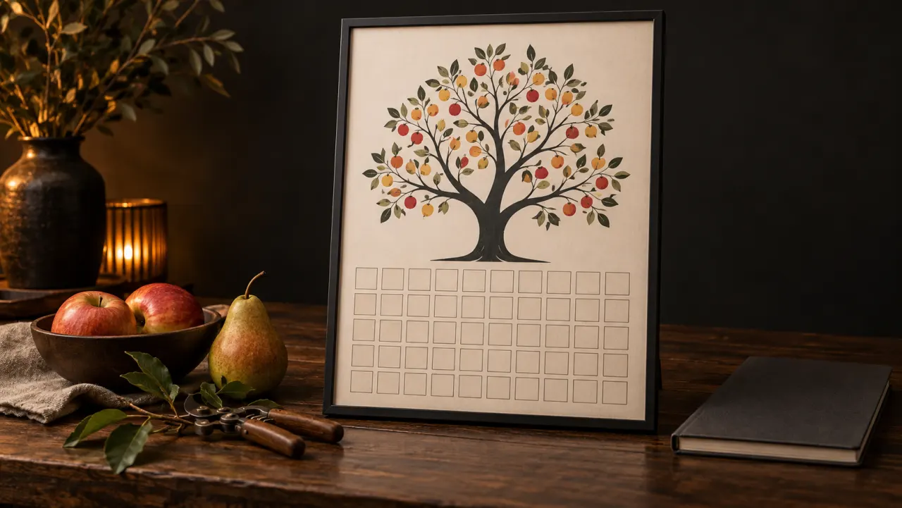 Obstgarten-Ernteposter mit Jahreszahlen